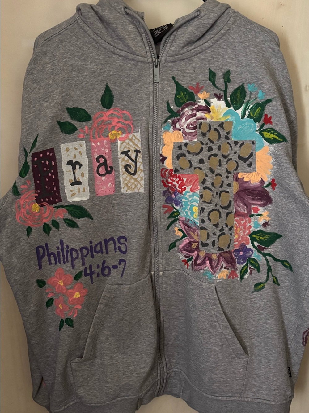 Gray Floral Cross Zip-Up Hoodie with 'Pray' Detail